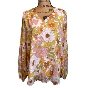 NWT BTFBM Womens Boho Vacation Travel Floral Pullover Tunic Blouse Yellow Large